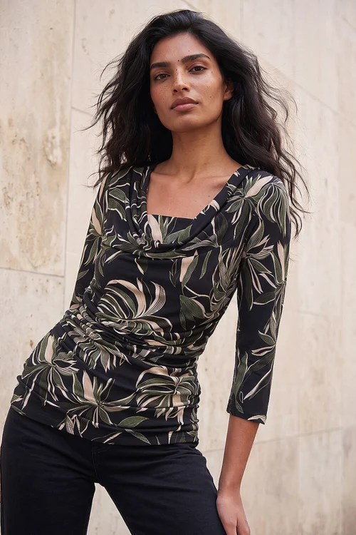 Roman Khaki Leaf Print Gathered Cowl Neck Top - 10 Image 1