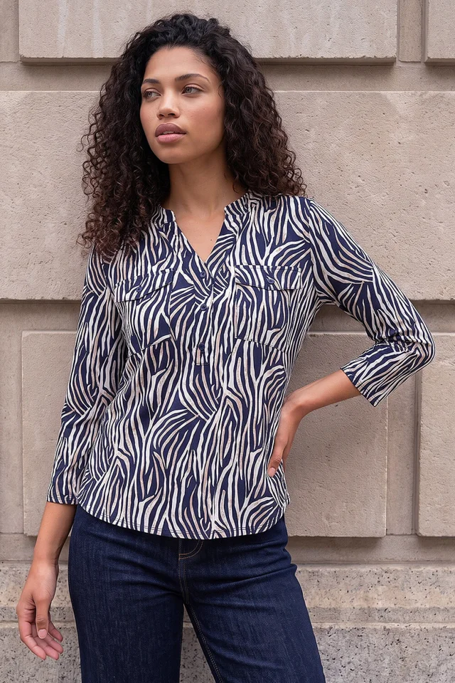 Roman Navy Petite Animal Print Button Top