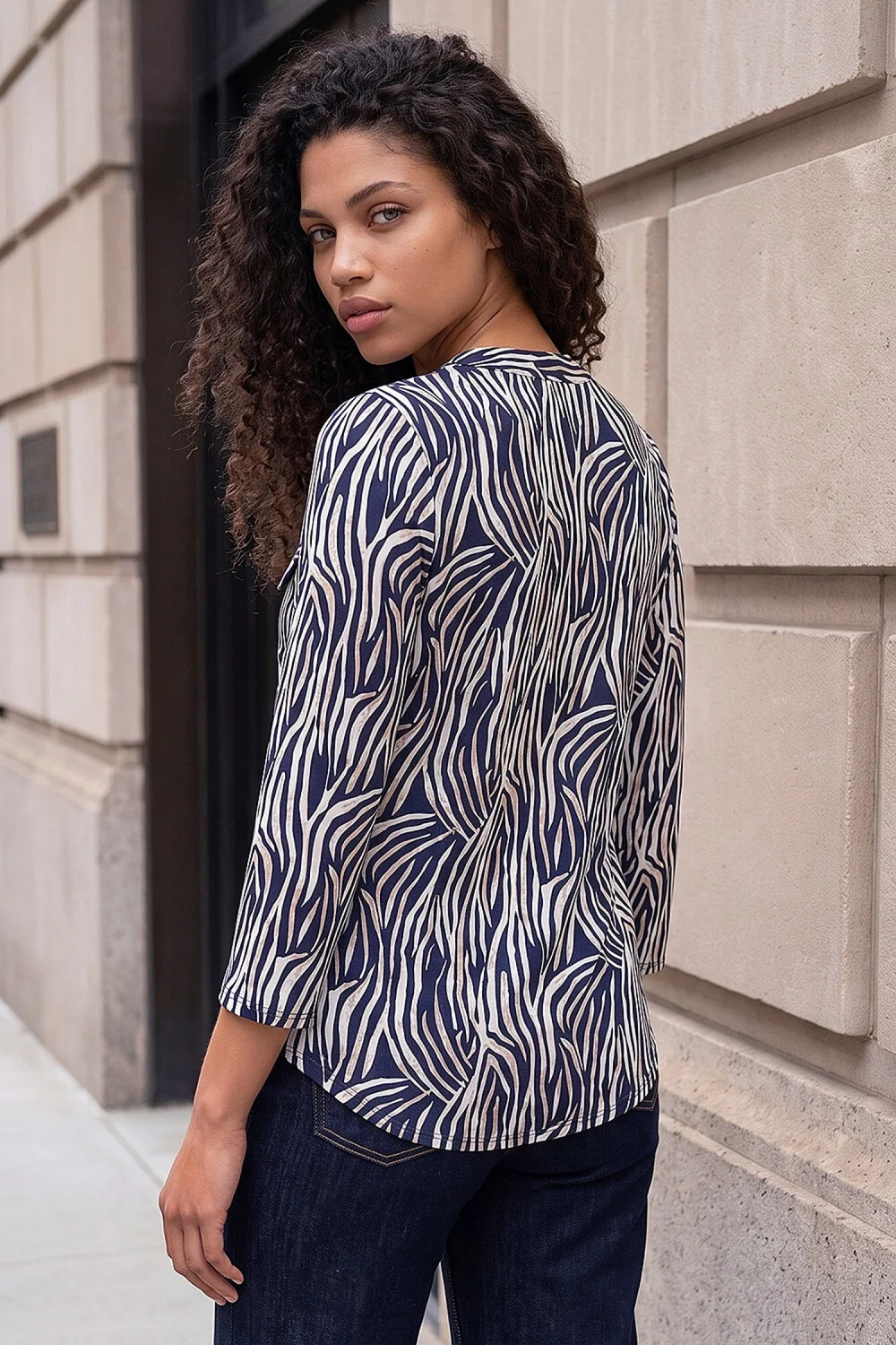 Roman Navy Petite Animal Print Button Top - 16 Image 3
