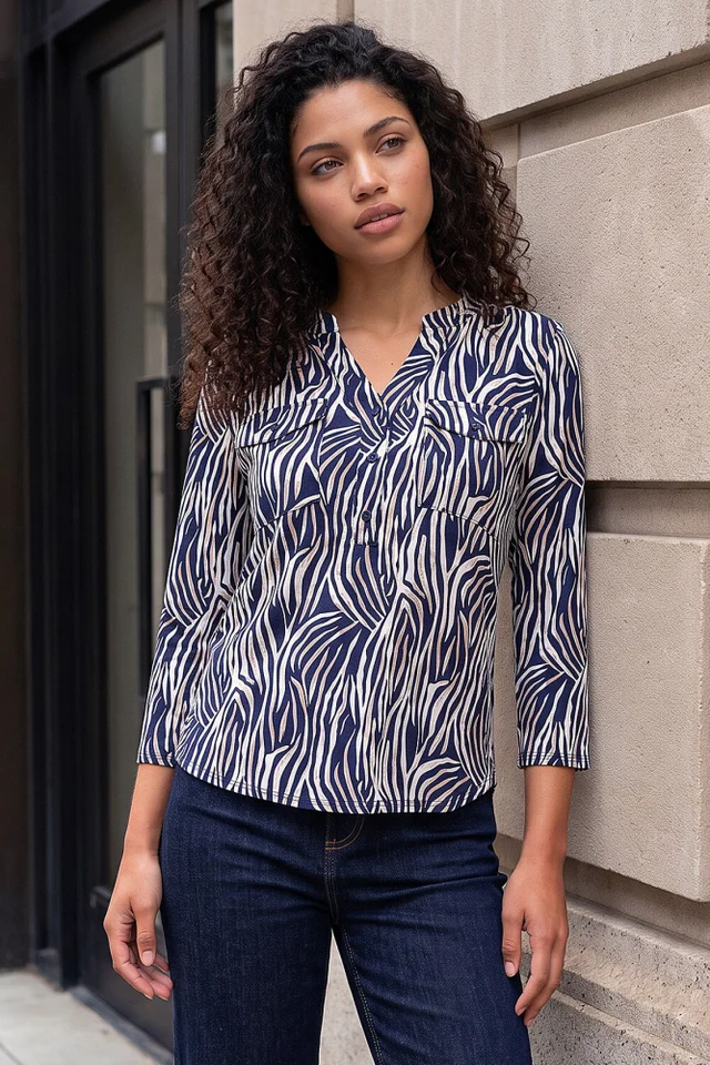 Roman Navy Petite Animal Print Button Top