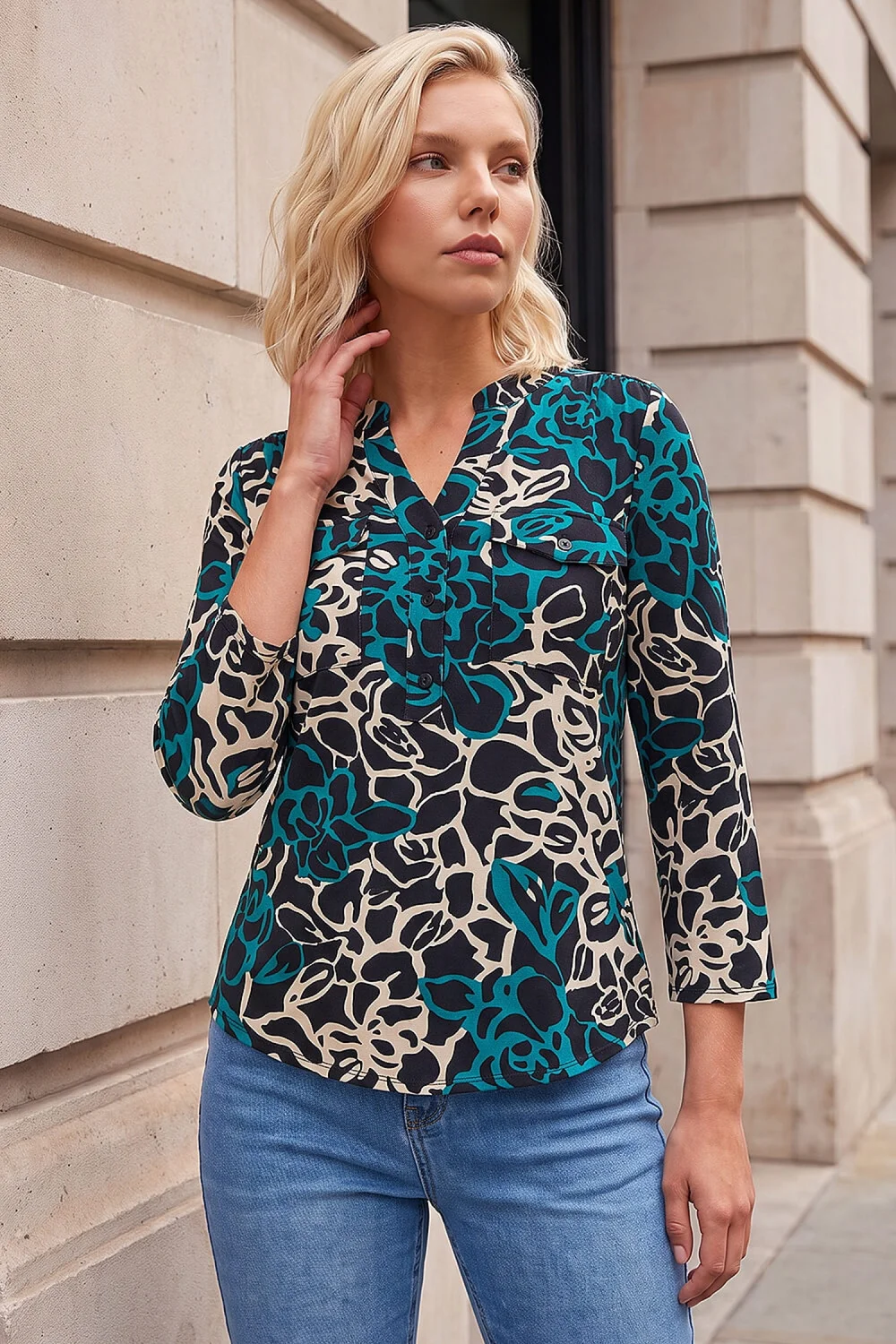 Roman Black Petite Abstract Print Button Top - 18 Image 1