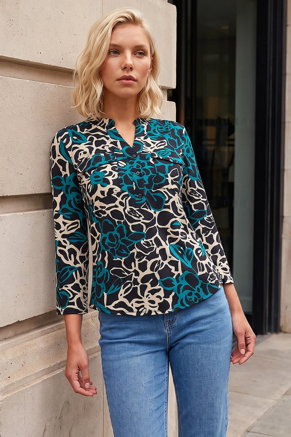 Roman Black Petite Abstract Print Button Top - 18 Image 2