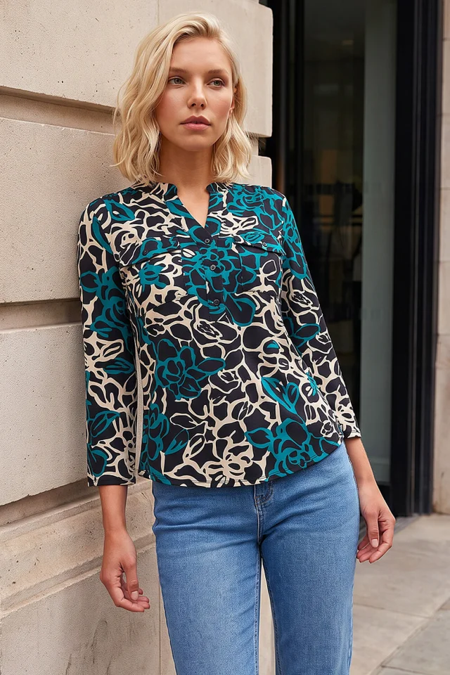Roman Black Petite Abstract Print Button Top