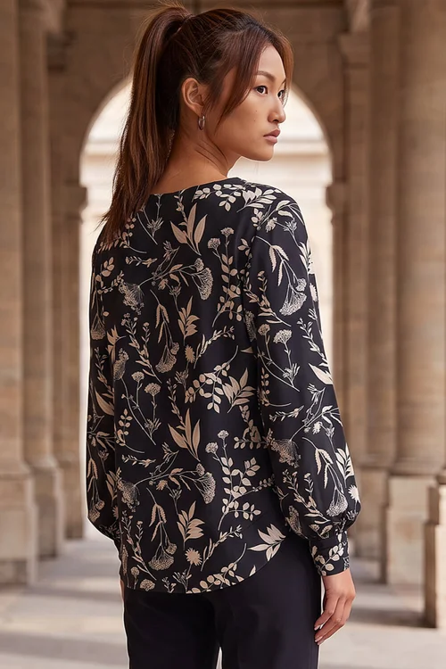 Roman Black Floral Puff Print Stretch Shirt - 14 Image 2