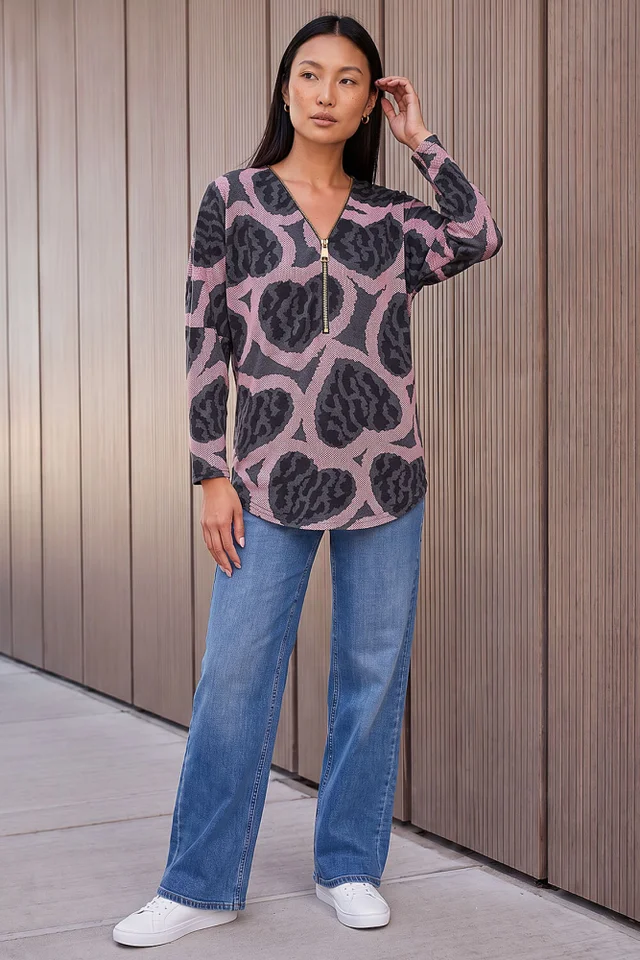 Roman Rose Heart Print Zip Top