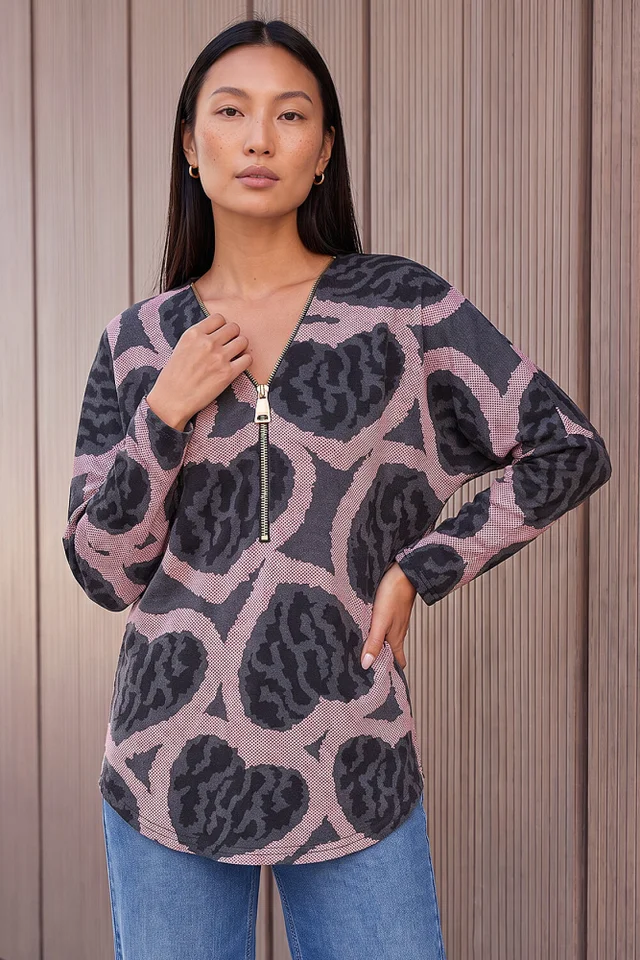Roman Rose Heart Print Zip Top