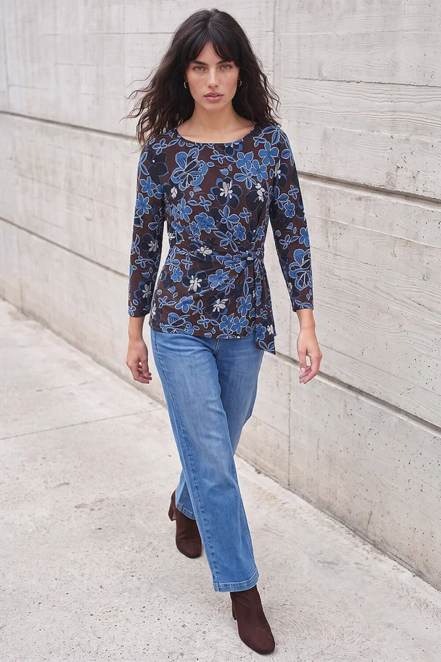 Roman Chocolate Floral Puff Print Side Tie Top