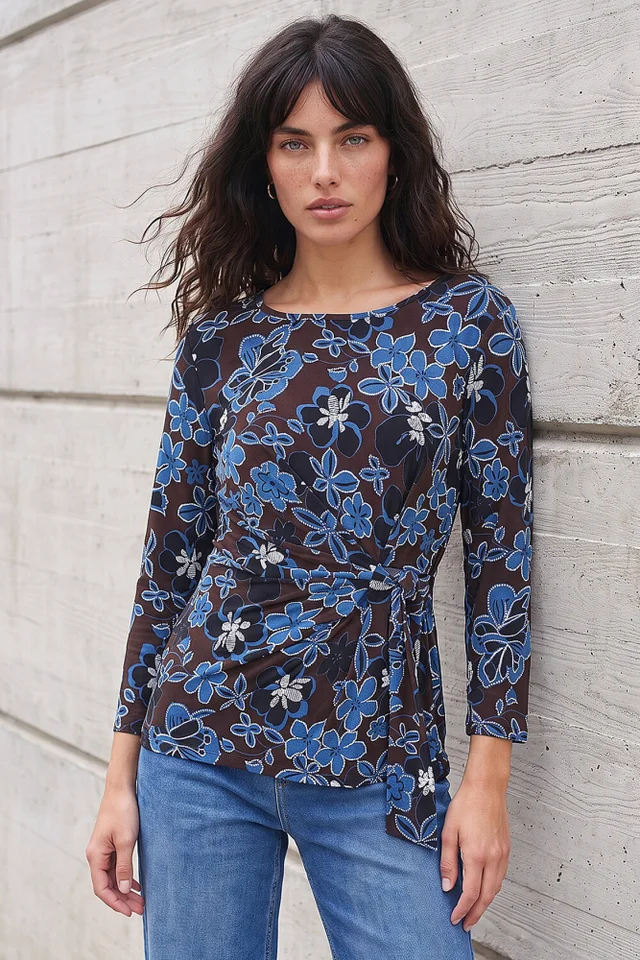 Roman Chocolate Floral Puff Print Side Tie Top