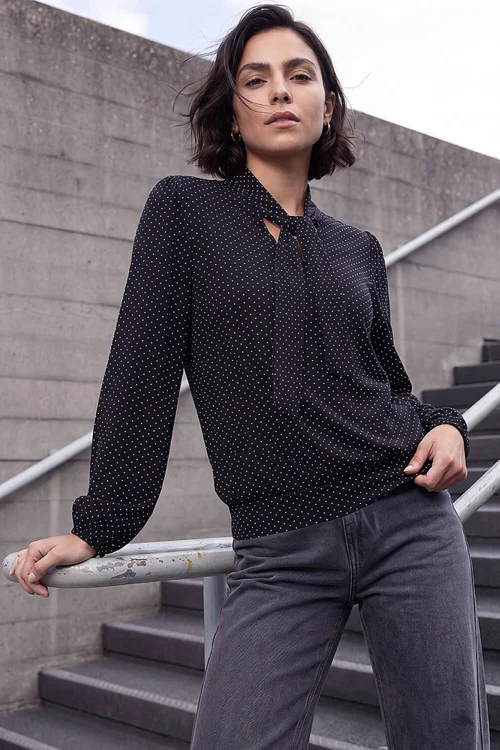 Roman Black Tie Neck Polka Dot Top - 18 Image 2