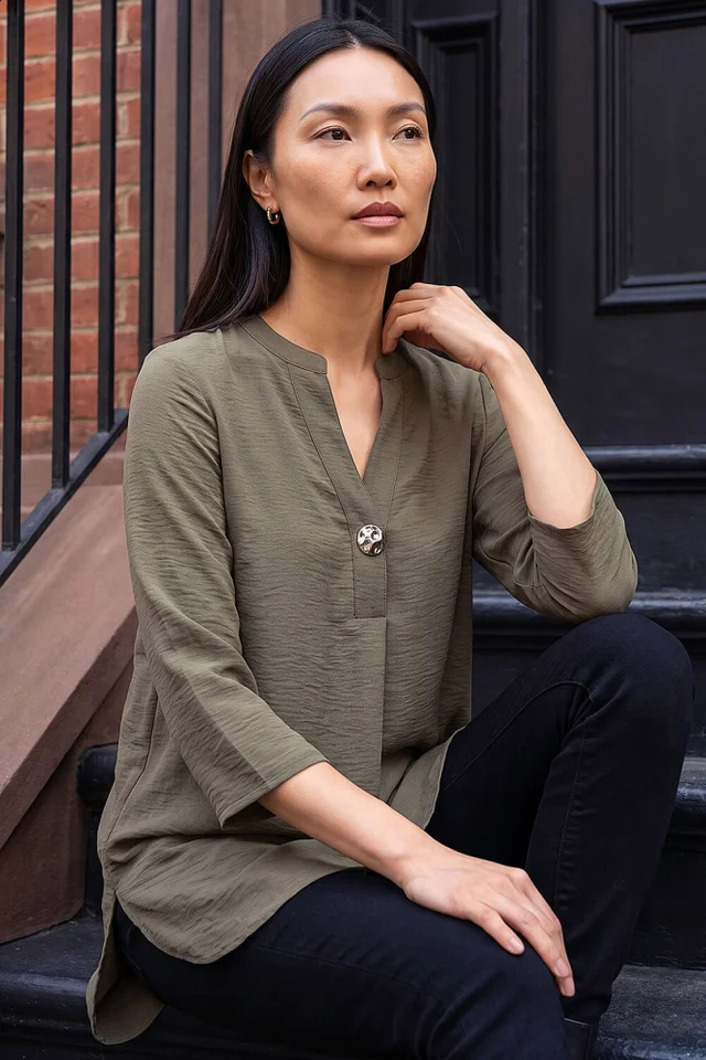 Roman Khaki Button Detail Top