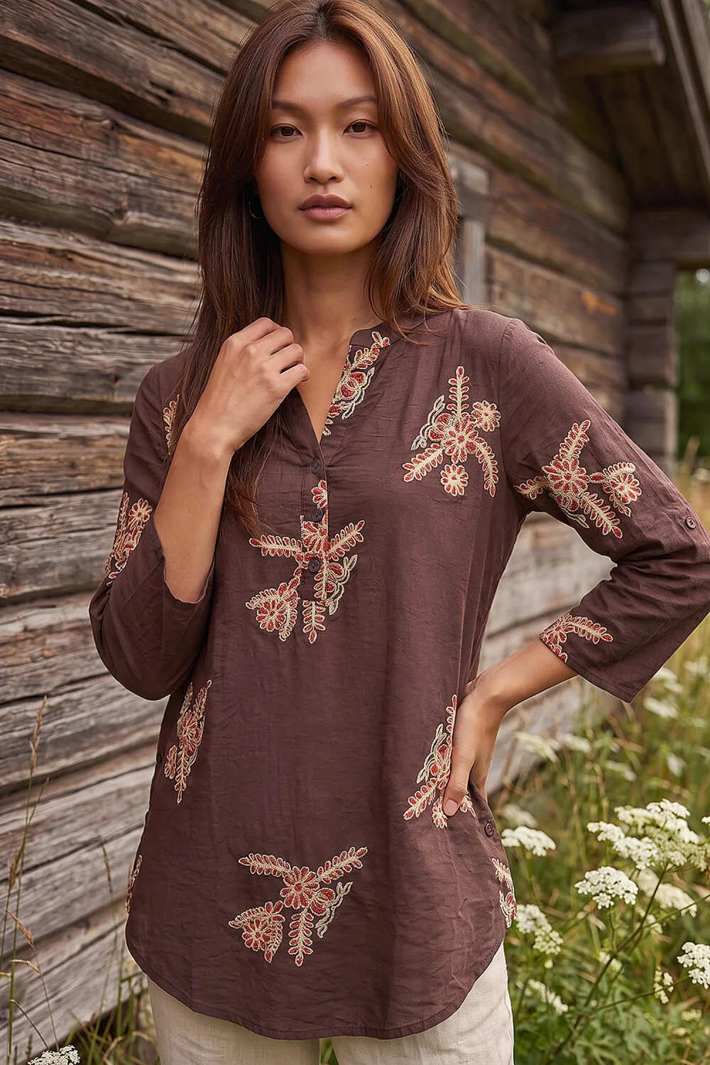 Roman Chocolate Embroidered Floral V-Neck Top - 14 Image 2