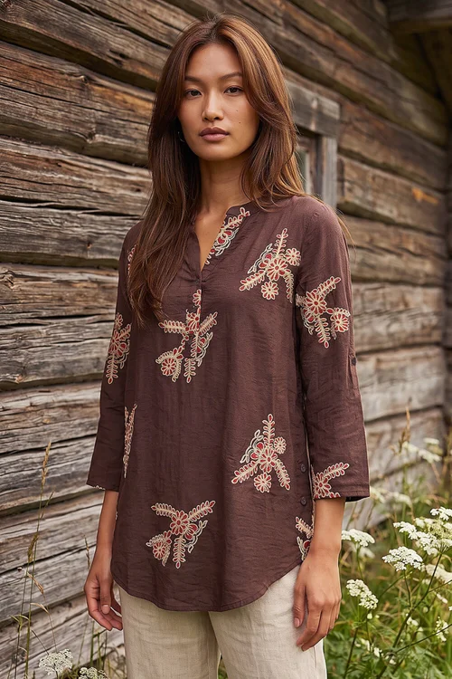 Roman Chocolate Embroidered Floral V-Neck Top - 14 Image 1