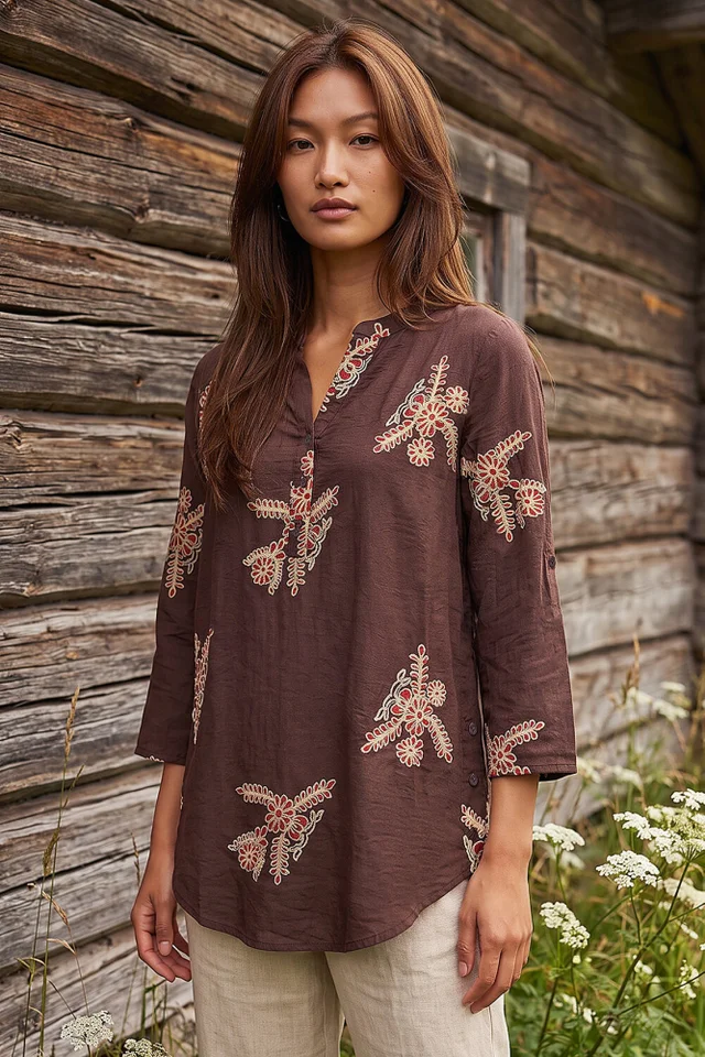 Roman Chocolate Embroidered Floral V-Neck Top