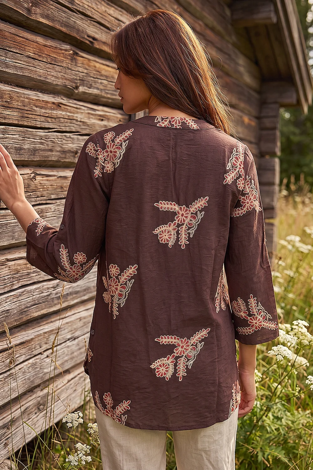 Roman Chocolate Embroidered Floral V-Neck Top - 14 Image 3