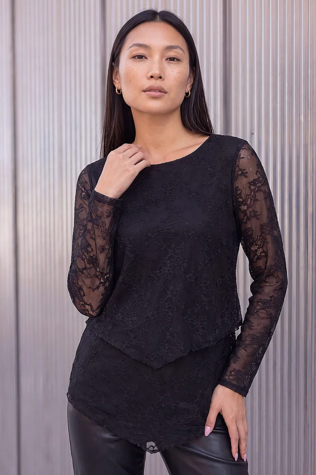 Roman Black Lace Layered Hem Top