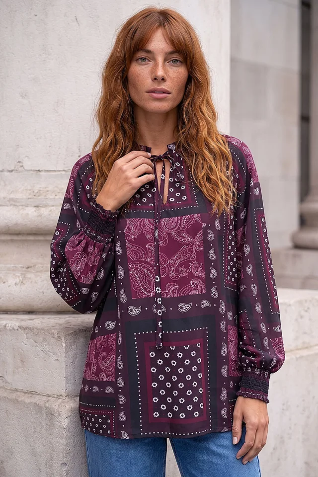 Roman Wine Patchwork Print V-Neck Top