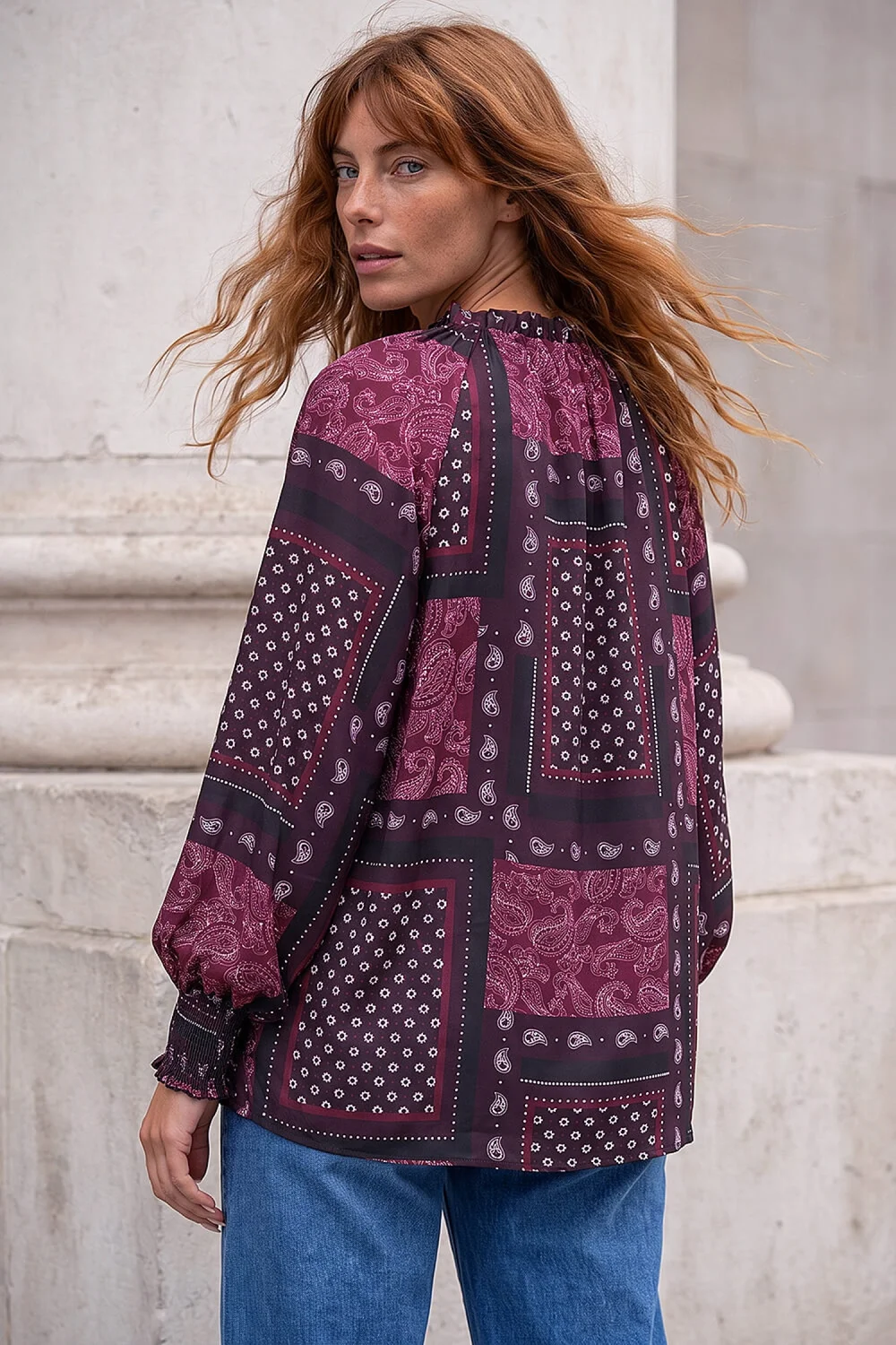 Roman Wine Patchwork Print V-Neck Top - 14 Image 4
