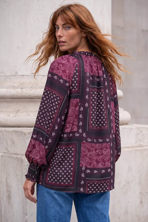 Roman Wine Patchwork Print V-Neck Top - 14 Image 4