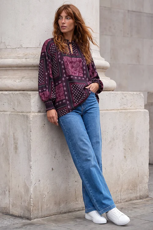 Roman Wine Patchwork Print V-Neck Top - 14 Image 3