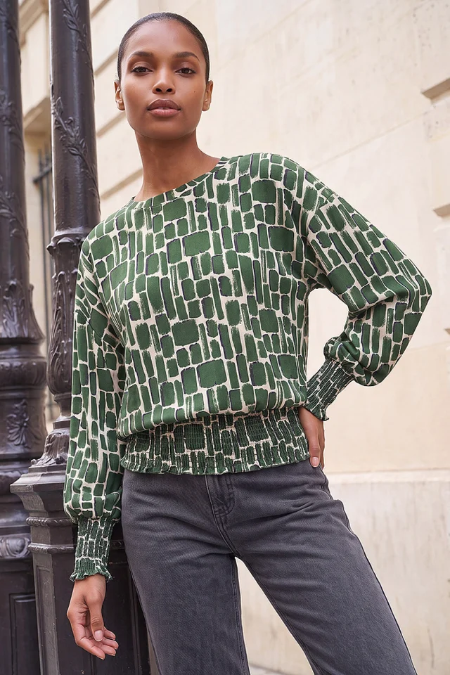 Roman Khaki Geometric Print Shirred Hem Top