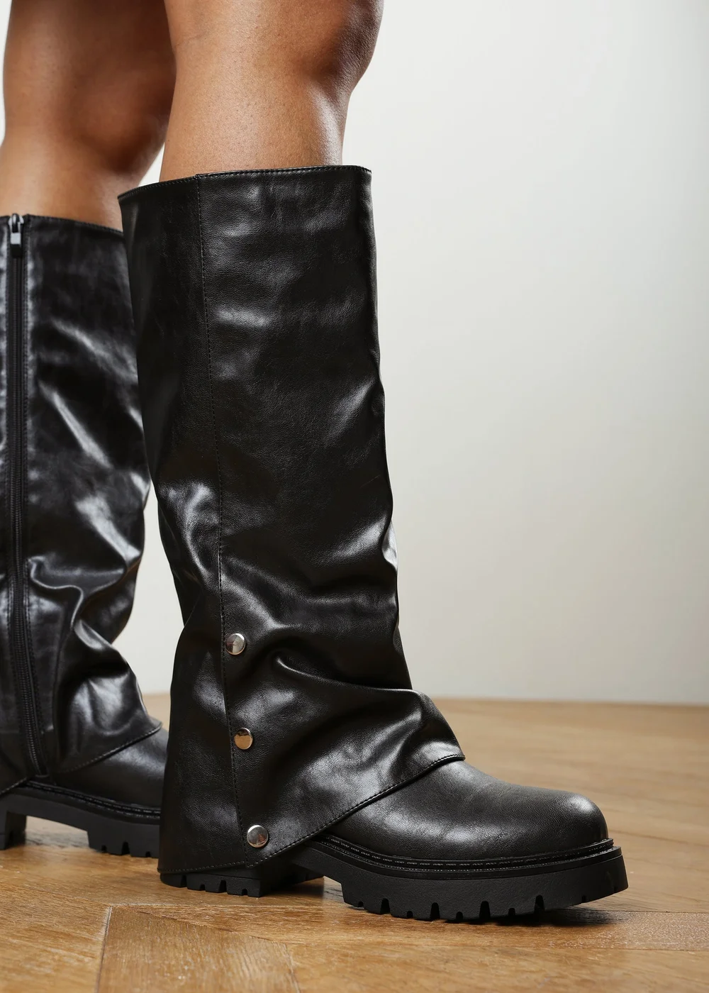 Where's That From Cavelle Ruched Black Fold Down Chunky Knee High Boot - 5 Image 2