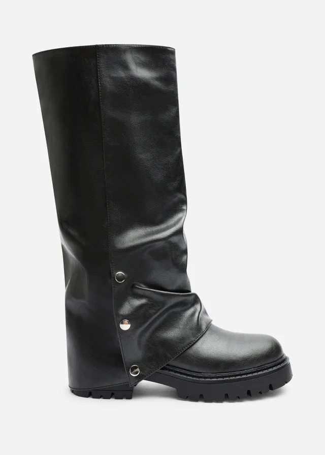Where's That From Cavelle Ruched Black Fold Down Chunky Knee High Boot