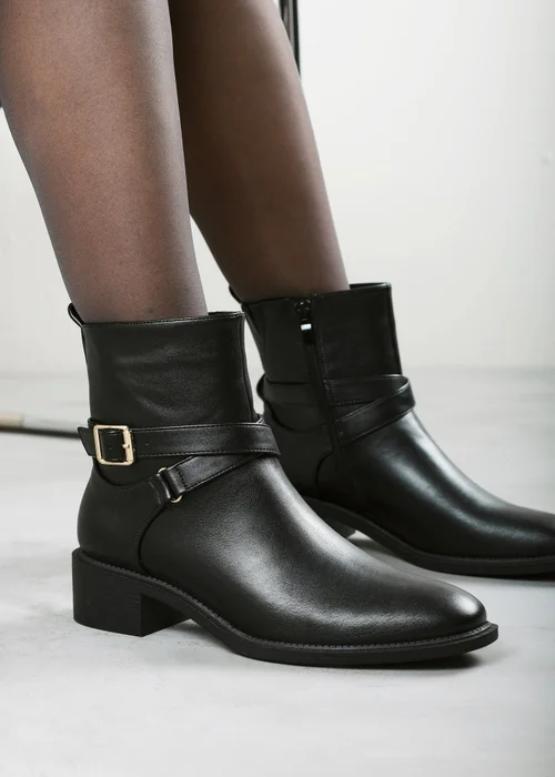 Where's That From Elvara Black Low Block Heel Ankle Boot With Strap Detail - 8 Image 6