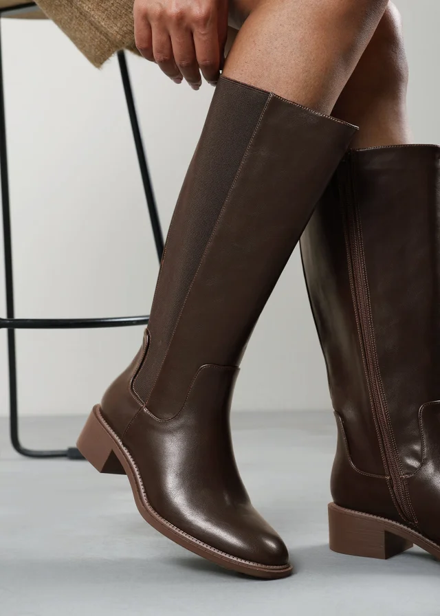 Where's That From Evara Dark Brown Low Block Heel Elastic Stretch Knee High Riding Boot