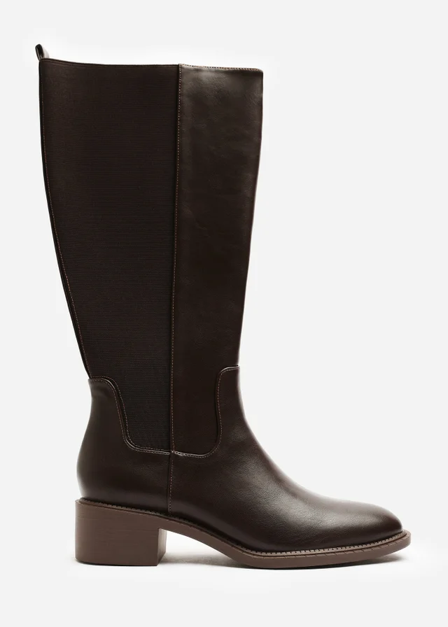 Where's That From Evara Dark Brown Low Block Heel Elastic Stretch Knee High Riding Boot