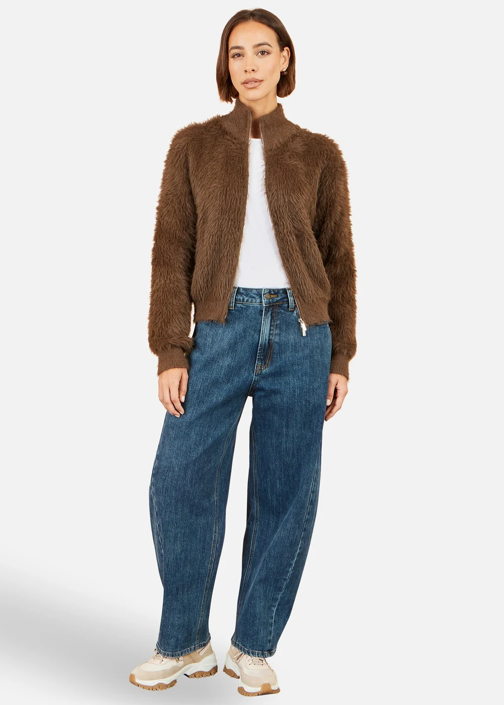 Yumi Brown Eyelash Zip Knitted Jacket - S Image 2