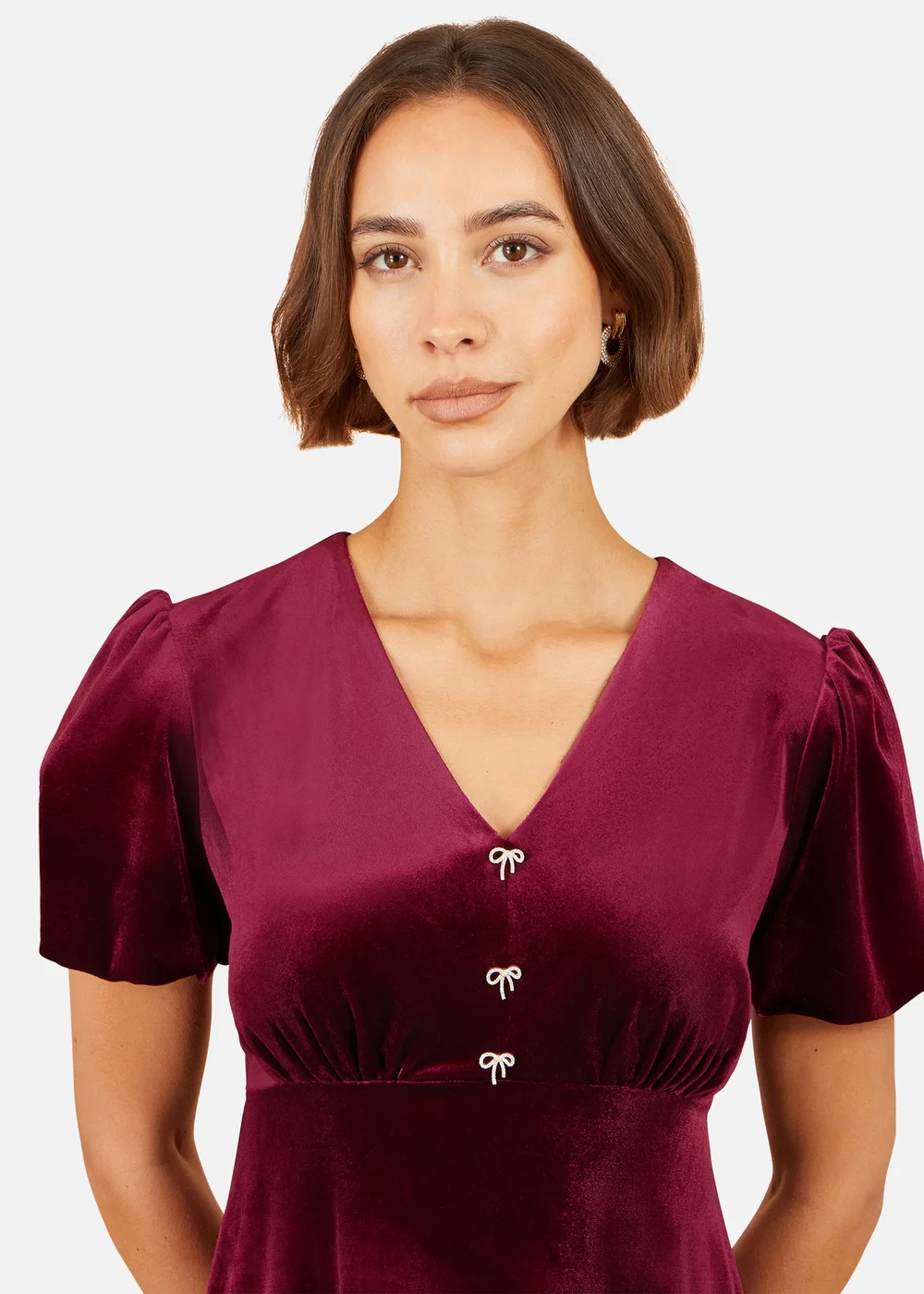 Yumi Burgundy Velvet Skater Dress With Diamante Bow - 10 Image 3