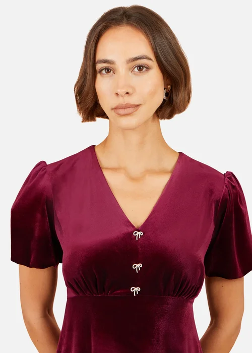 Yumi Burgundy Velvet Skater Dress With Diamante Bow - 10 Image 3