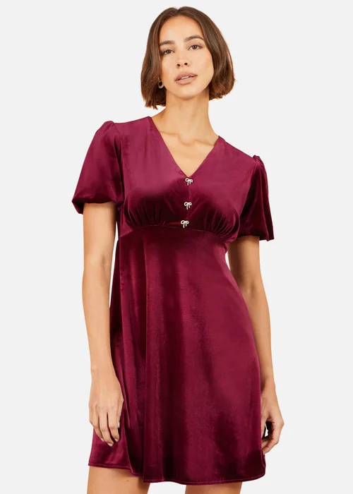 Yumi Burgundy Velvet Skater Dress With Diamante Bow - 10 Image 1