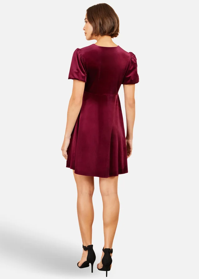 Yumi Burgundy Velvet Skater Dress With Diamante Bow