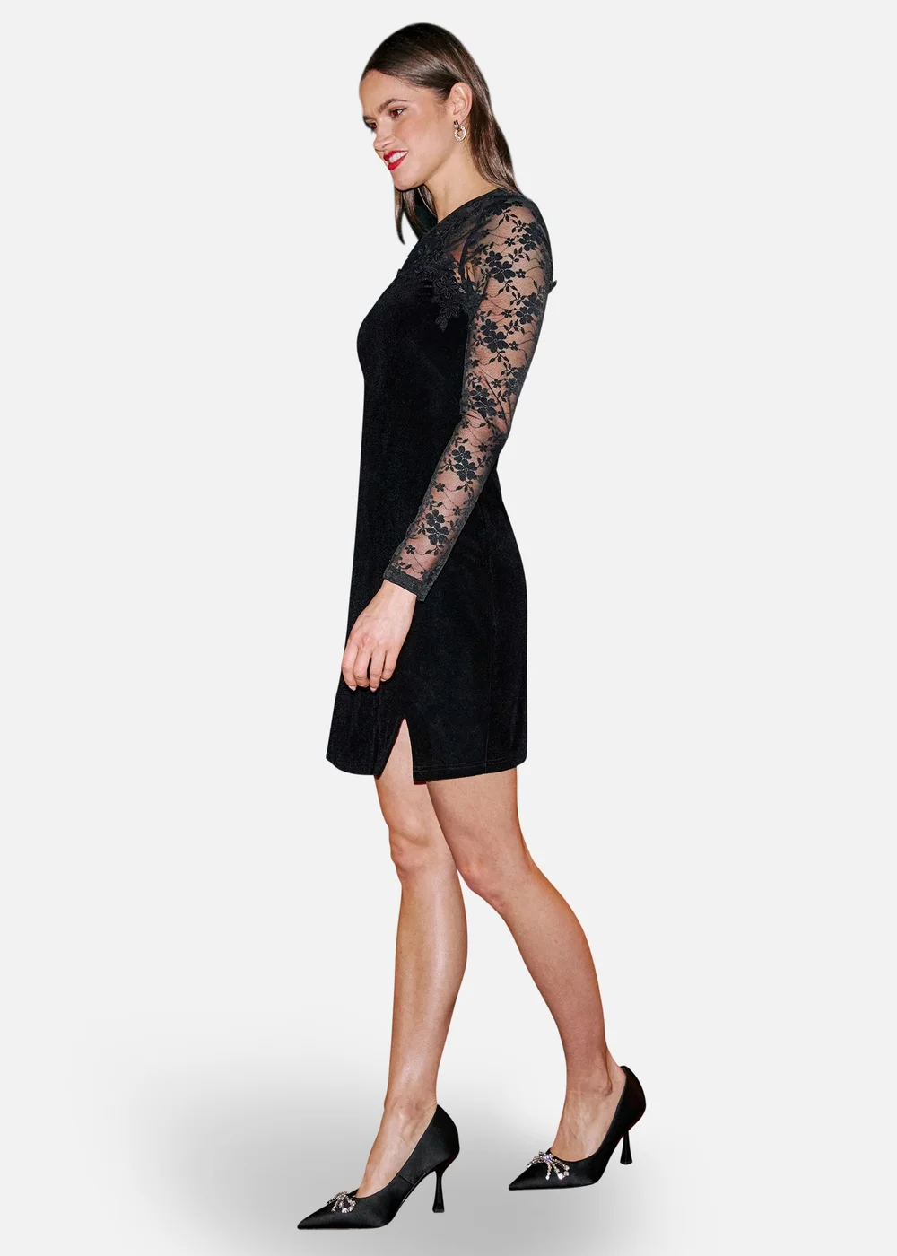Yumi Black Lace Sleeve Velvet Fitted Mini Dress - 10 Image 4
