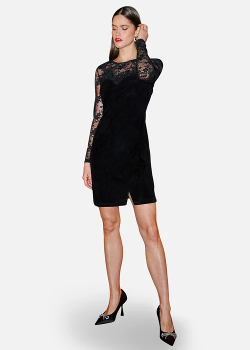 Yumi Black Lace Sleeve Velvet Fitted Mini Dress - 10 Image 2
