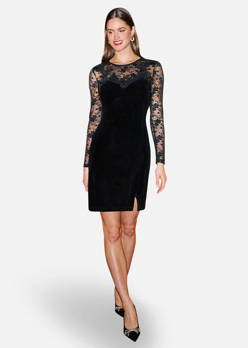 Yumi Black Lace Sleeve Velvet Fitted Mini Dress - 10 Image 3