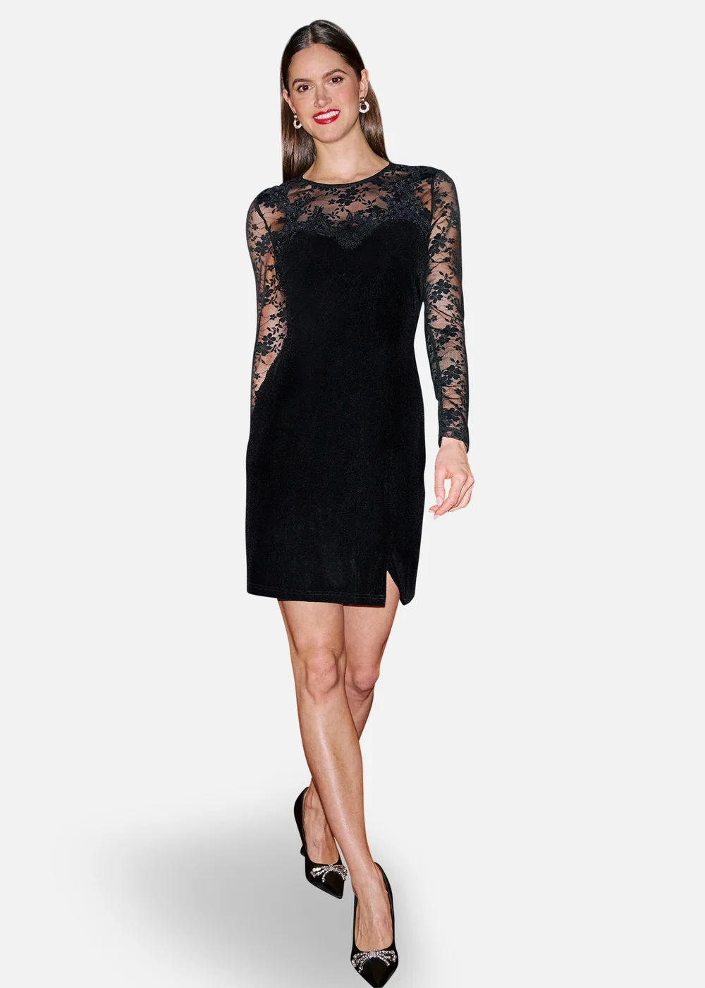 Yumi Black Lace Sleeve Velvet Fitted Mini Dress - 10 Image 1