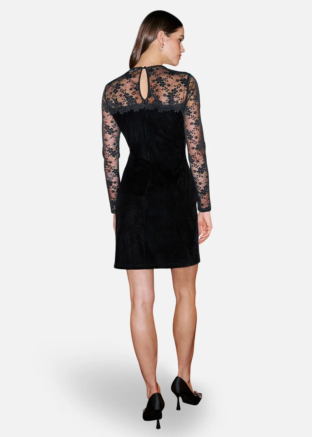 Yumi Black Lace Sleeve Velvet Fitted Mini Dress - 10 Image 5