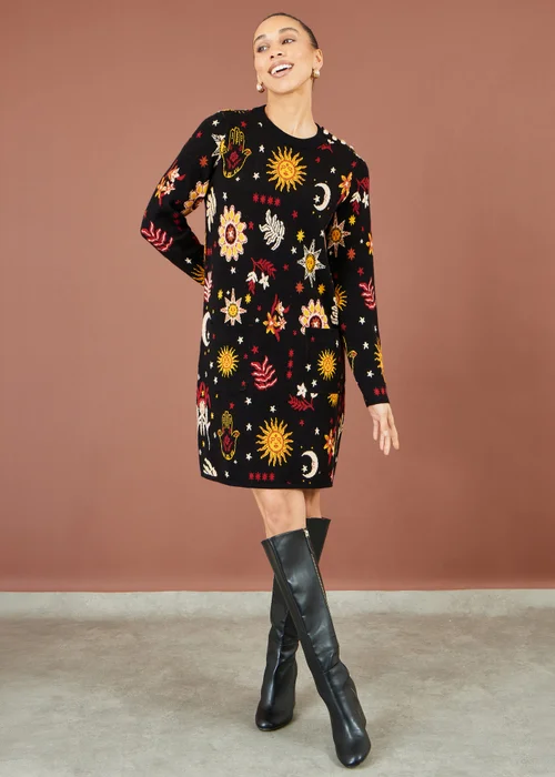 Yumi Black Cosmic Intarsia Knitted Tunic Dress - S Image 3