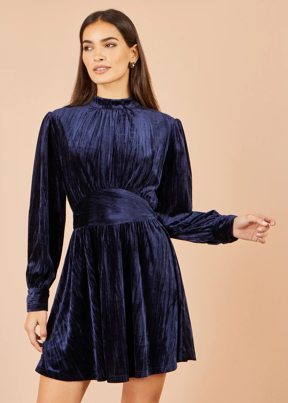 Yumi Navy Ruched Waist Velvet Skater Dress - 14 Image 1