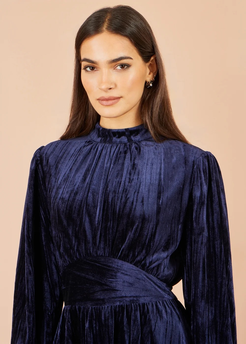 Yumi Navy Ruched Waist Velvet Skater Dress - 14 Image 4