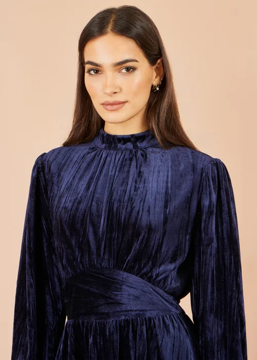 Yumi Navy Ruched Waist Velvet Skater Dress - 14 Image 4