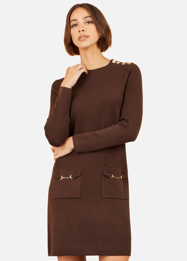 Yumi Brown Knitted Tunic With Patch Pockets