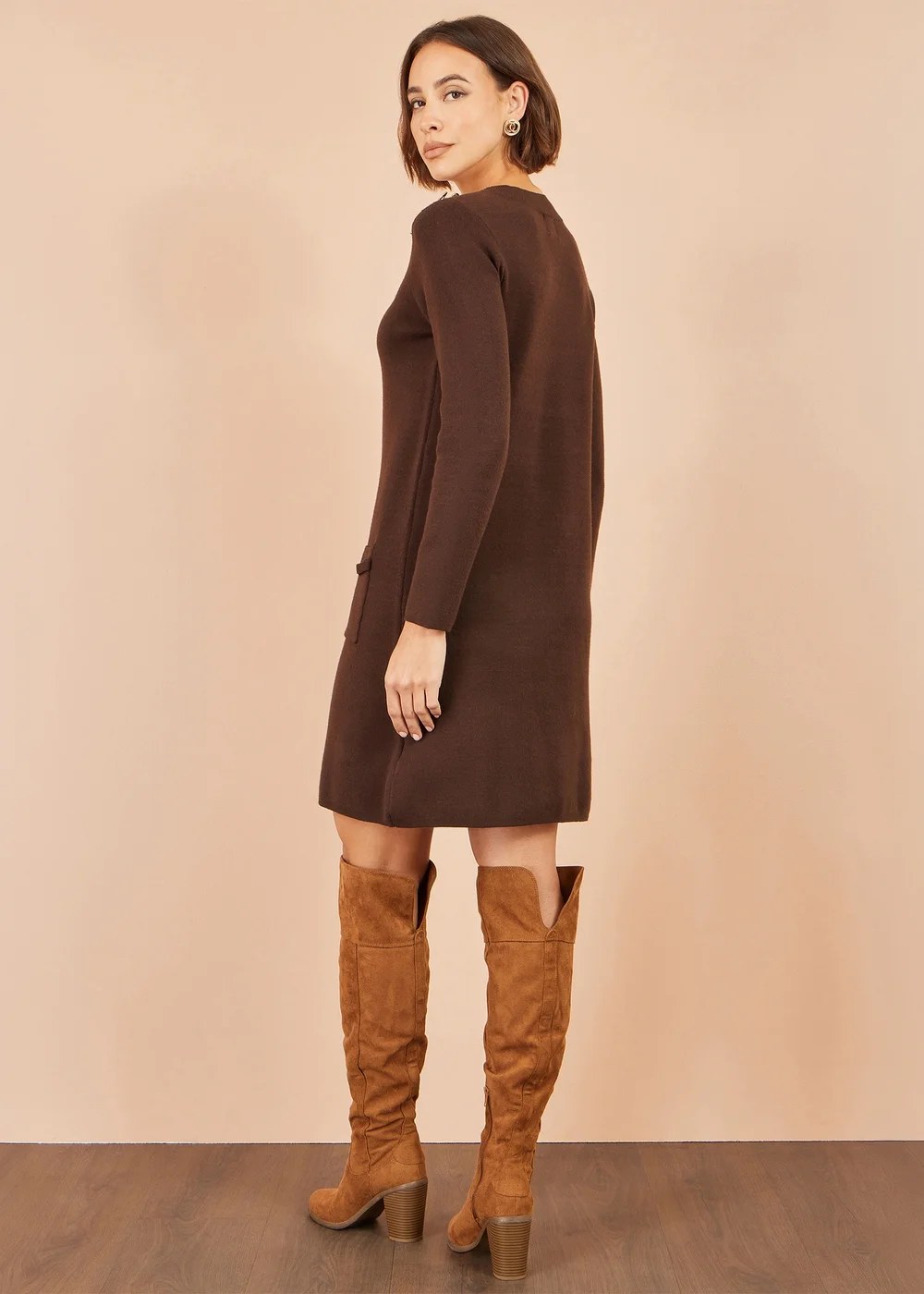Yumi Brown Knitted Tunic With Patch Pockets - M Image 3