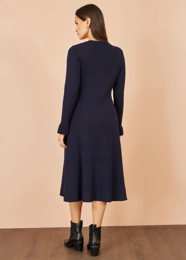 Yumi Navy Viscose Knitted Midi Dress With Buttons