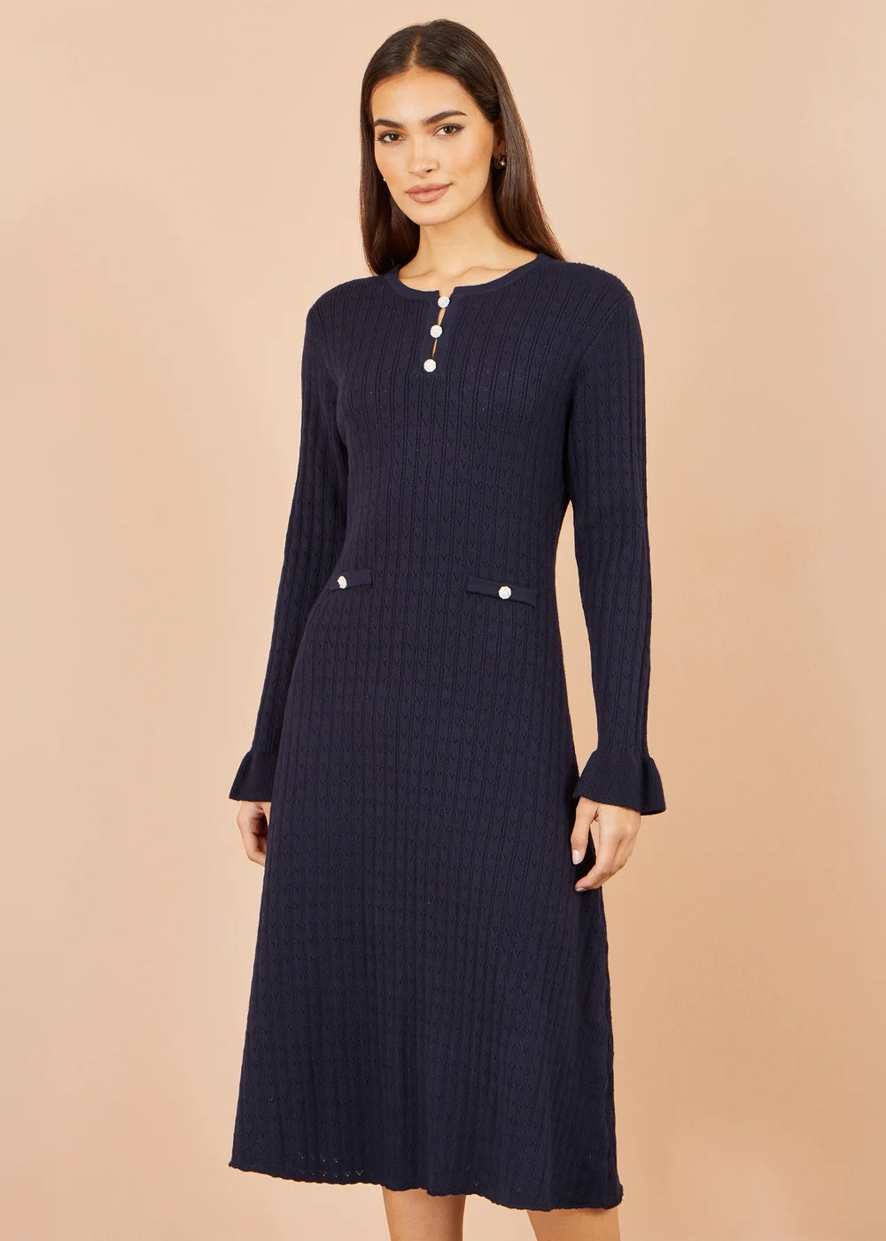Yumi Navy Viscose Knitted Midi Dress With Buttons - L Image 1