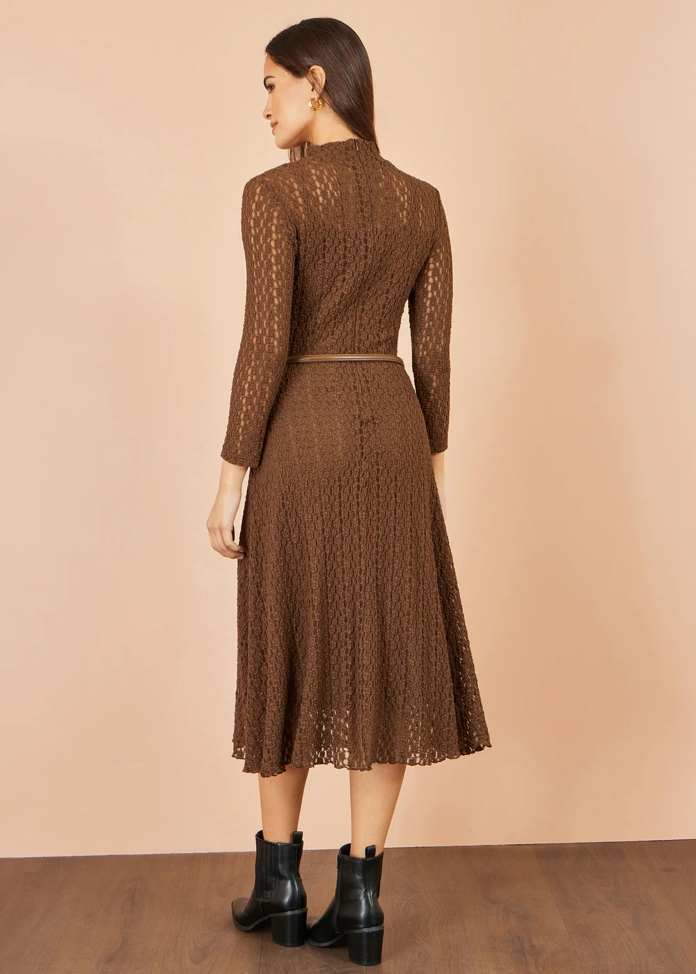 Yumi Brown High Neck Lace Midi Dress - 12 Image 3