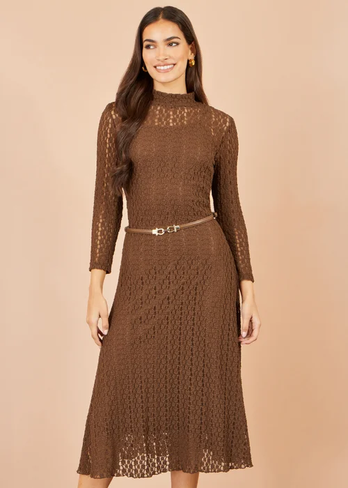 Yumi Brown High Neck Lace Midi Dress - 12 Image 1