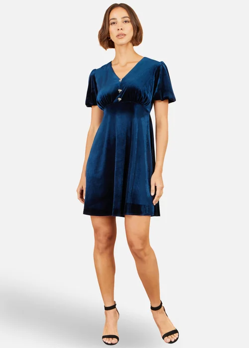 Yumi Navy Velvet Skater Dress With Diamante Bow - 10 Image 2